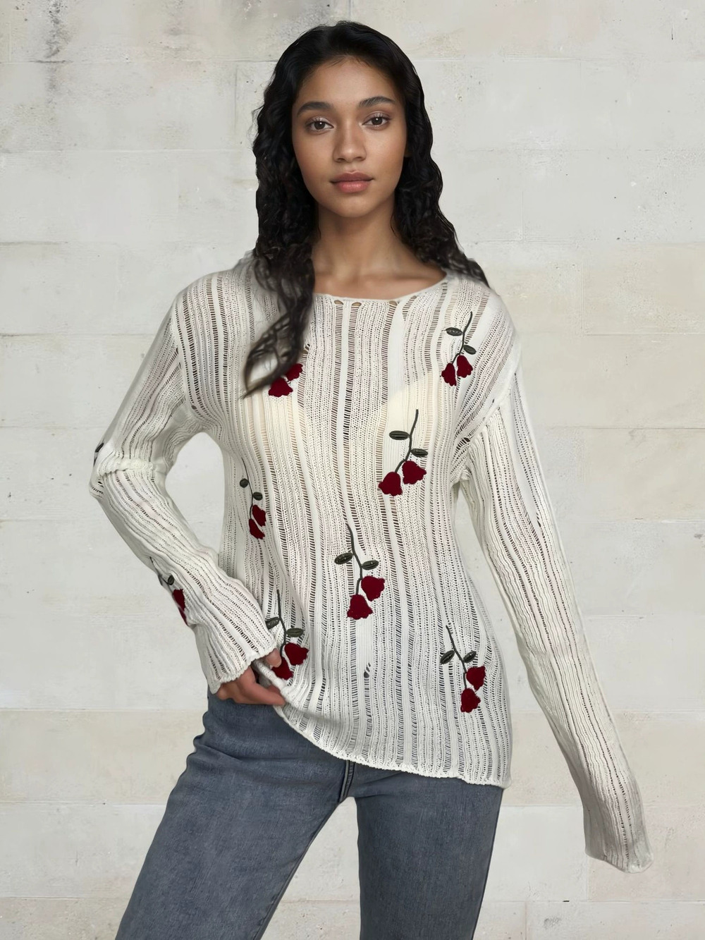 ZARA Elaborate Floral Embroidered Knit Pullover Long Sleeve Openwork Texture Top